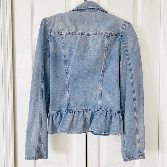 NWOT Chelsea & Violet Peplum Hem Puff Sleeve Distressed Denim Jean Jacket | XS - Picture 3 of 11